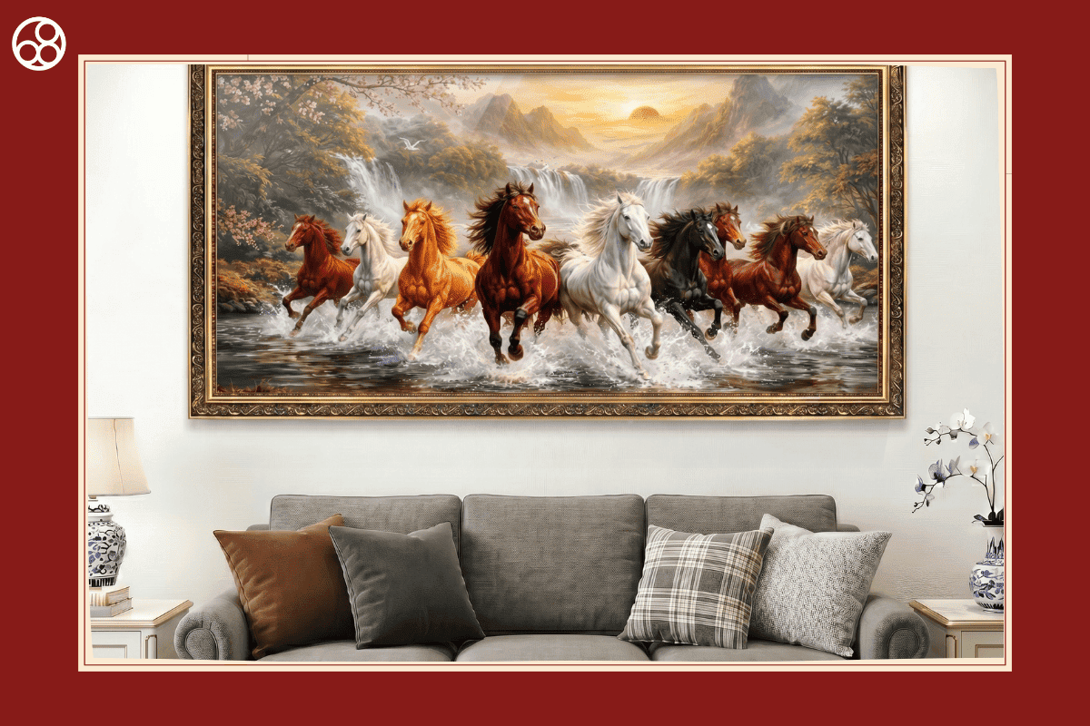 Tranh treo tường hiện đại Mã Đáo Thành Công mẫu 1 treo phòng khách phía sau ghế sofa